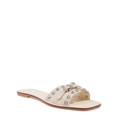 Rasteira Couro Confort Rebites Strass de Cristal Off White
