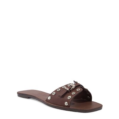 Rasteira Couro Confort Rebites Strass de Cristal Marrom
