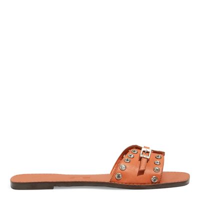 Rasteira Couro Confort Rebites Strass de Cristal Marrom Safari