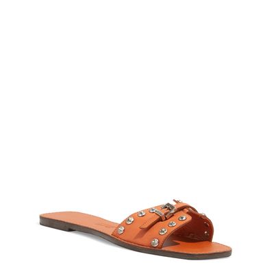 Rasteira Couro Confort Rebites Strass de Cristal Marrom Safari