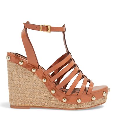 Espadrille Couro Craquele  Tiras Finas Salto Alto Marrom