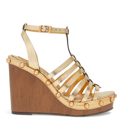 Espadrille Couro Craquele  Tiras Finas Salto Alto Dourada