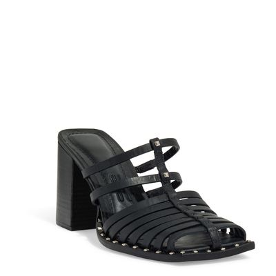 Mule Couro Confort Preto Salto Alto Bloco
