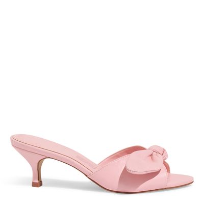 Mule Couro  Salto Baixo Fino Laço Rosa