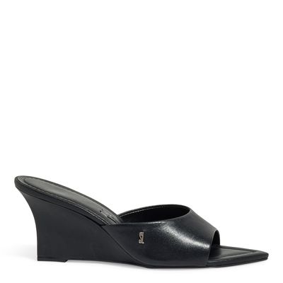 Mule Couro Pelica Bico Fino Salto Anabela Preto