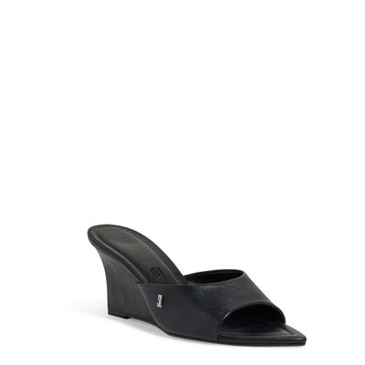 Mule Couro Pelica Bico Fino Salto Anabela Preto