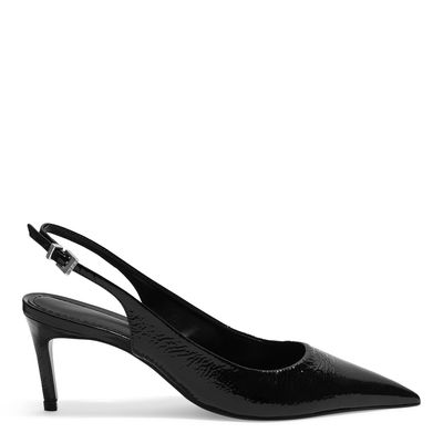 Scarpin Slingback Verniz Show Preto Bico Fino Salto Médio