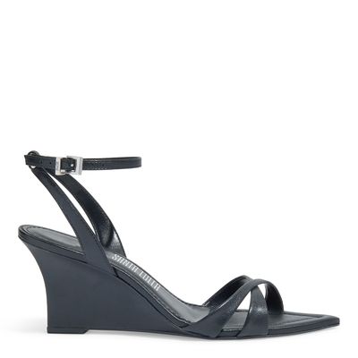 Sandália Anabela  Couro Pelica Bico Fino  Preto
