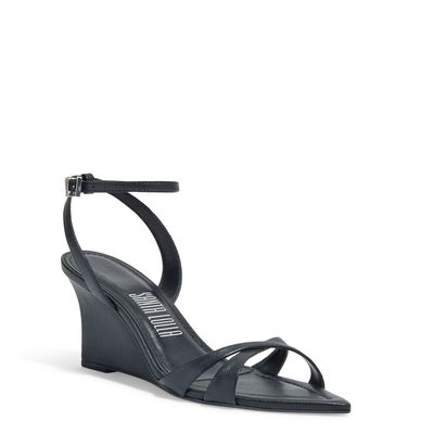 Sandália Anabela  Couro Pelica Bico Fino  Preto