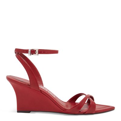 Sandália Anabela Couro Pelica Bico Fino Vermelho
