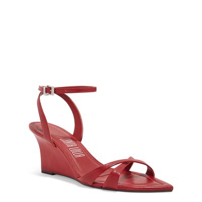 Sandália Anabela Couro Pelica Bico Fino Vermelho