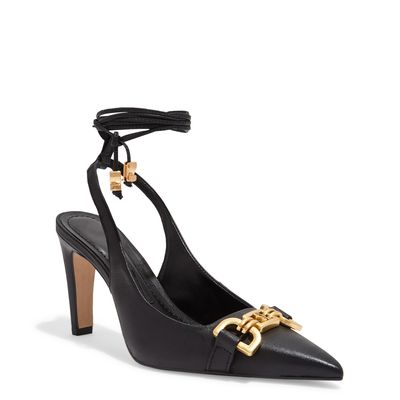 Scarpin Slingback Amarração Couro Pelica Preto