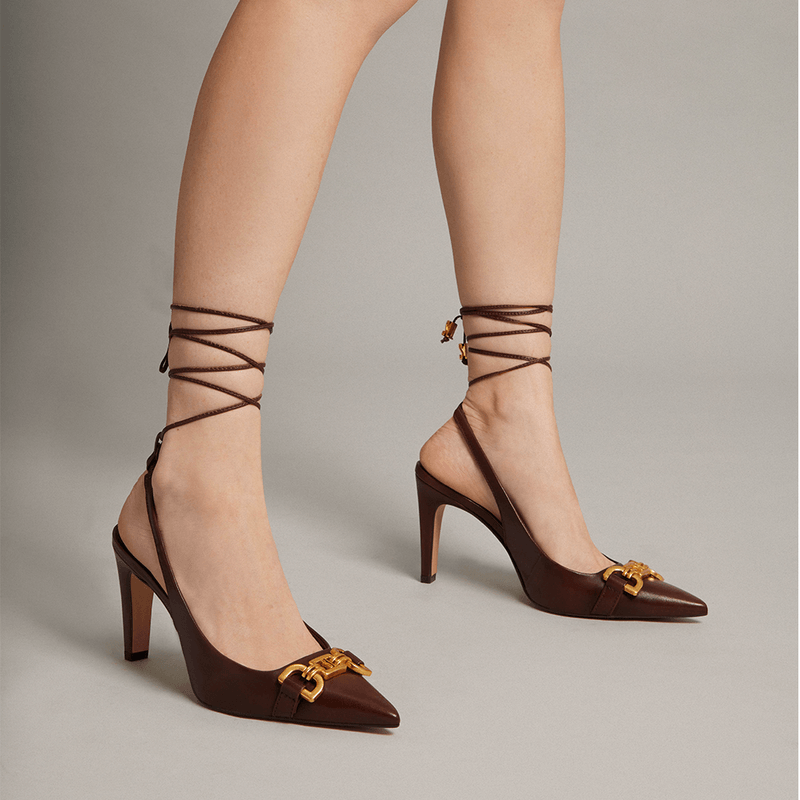 Scarpin Slingback Amarração Couro Pelica Marrom