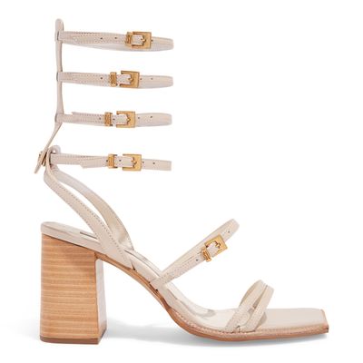Sandália Gladiadora Bico Quadrado Salto Bloco Alto Off White