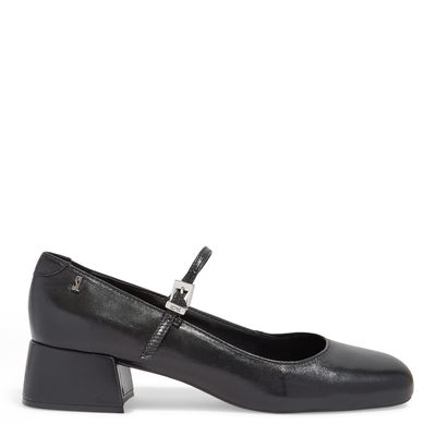 Scarpin Boneca Couro Salto Baixo Bloco Preto