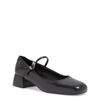 Scarpin Boneca Couro Salto Baixo Bloco Preto