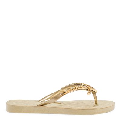 Chinelo Flip Flop Borracha Corrente Tiras Finas  Metalizado Dourado