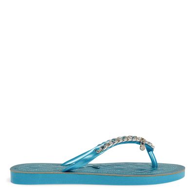 Chinelo  Flip Flop Borracha Corrente Tiras Finas Azul  Metalizado