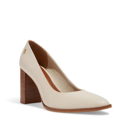 Scarpin Boneca Couro Nobre Salto Bloco Alto Off White
