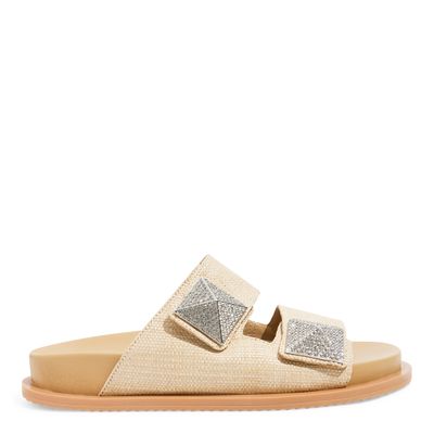 Sandália Papete Palha Tiras Maxi Studs Bege