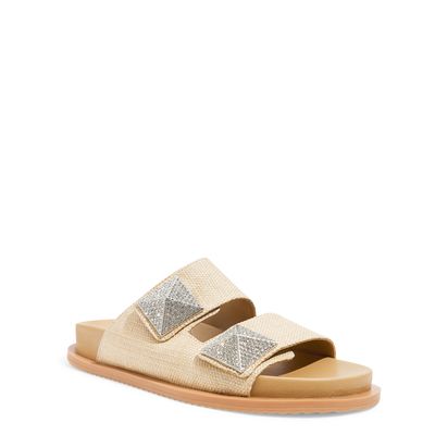 Sandália Papete Palha Tiras Maxi Studs Bege