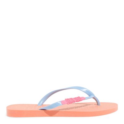 Chinelo Flip Flop Borracha Laranja Bico Redondo Tira Colorida