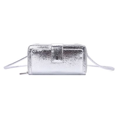 Bolsa Carteira Material Metalizado Prata Cromado Alça de Ombro