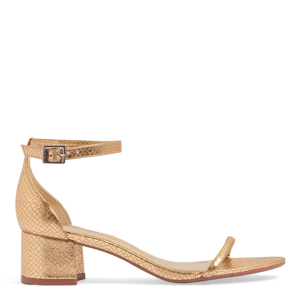 Sandália Metalizada Textura Cobra Dourada Salto Bloco Baixo