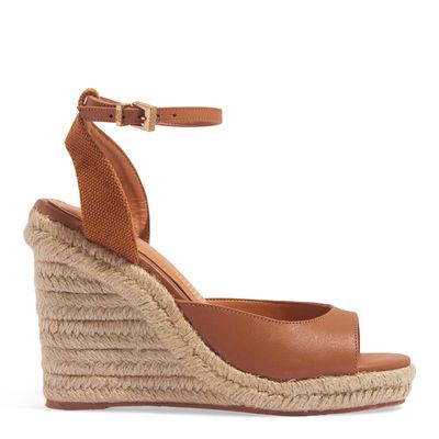 Sandália Espadrille Couro Confort Caramelo Salto Alto