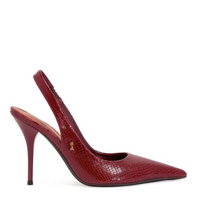 Scarpin Slingback Couro Mamba Snake Salto Alto Bordô