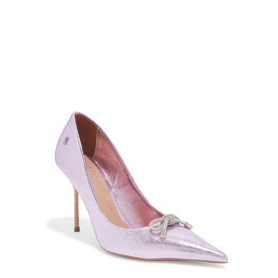 Scarpin Couro Craquelê Rosa Metalizado Salto Fino Fachetado