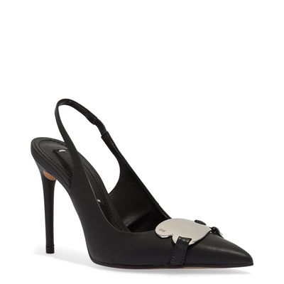 Scarpin Slingback Preto Couro Confort Coração Metalizado