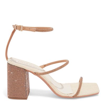 Sandália Shiny Bege Napa Soft Salto Grosso Brilho