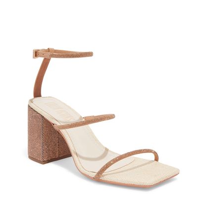 Sandália Shiny Bege Napa Soft Salto Grosso Brilho