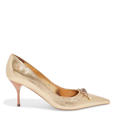 Scarpin Dourado Metalizado Couro Craquelê Bico Fino Laço