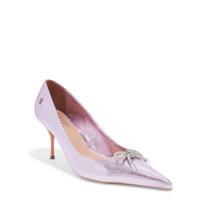 Scarpin Rosa Claro Metalizado Couro Craquelê Bico Fino Laço