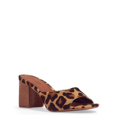 Mule Couro Estampa Animal Print Onça Salto Bloco