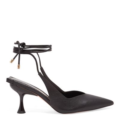 Scarpin Couro Pelica Premium Preto Bico Fino Amarração
