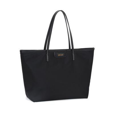 Bolsa Shopper Nylon Preta Pespontos Branco Alça De Ombro