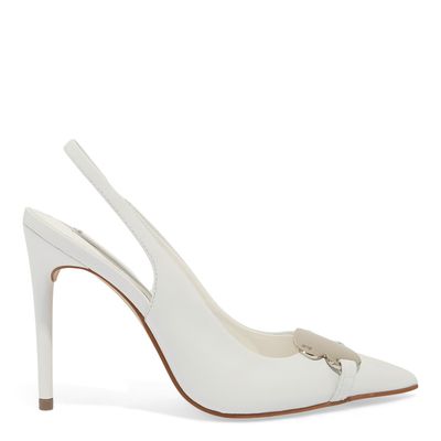 Scarpin Slingback Branco Couro Confort Coração Metalizado