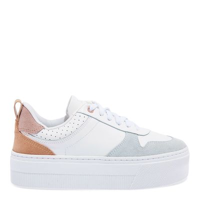 Tênis Plataforma Couro Camurça Branco Multicolor