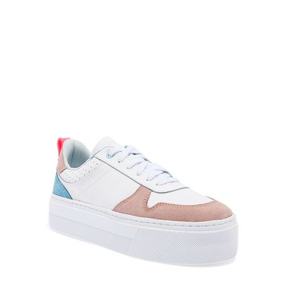 Tênis Plataforma Couro Camurça Branco Multicolor