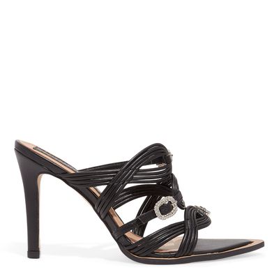 Mule Couro Confort Preto Bico Folha Salto Alto Fino