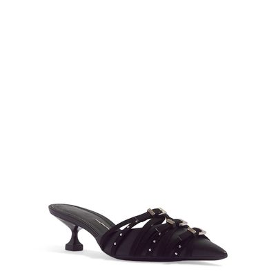 Mule Couro Pelica Premium Preto Bico Fino Salto Baixo