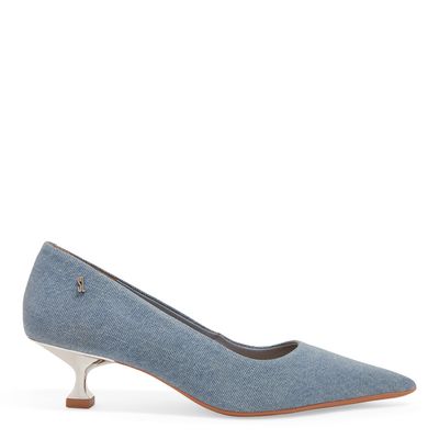 Scarpin Jeans Wash Azul Bico Fino Salto Baixo