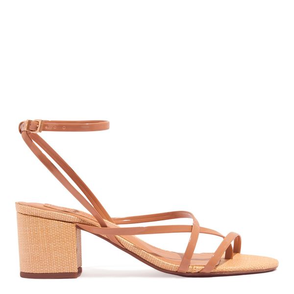 Sandália Tiras Finas Verniz Bege Salto Bloco Palha