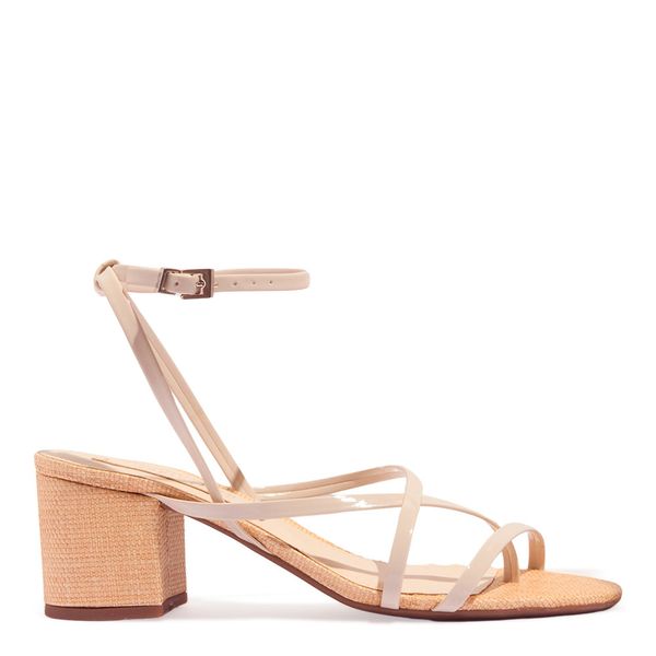 Sandália Tiras Finas Verniz Off White Salto Bloco Palha