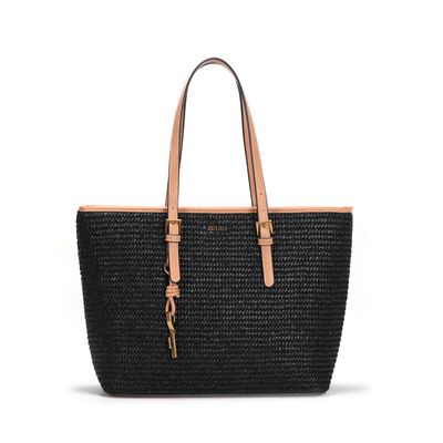 Bolsa Shopper Palha Tramado Preto Alça Fivela
