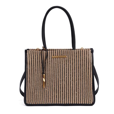 Bolsa Tote Palha Tramado Preto E Branco Alça De Mão