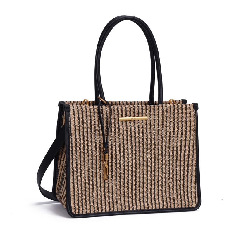 Bolsa Tote Palha Tramado Preto E Branco Alça De Mão - Santa Bolsa Tote Palha Tramado Preto E Branco Alça De Mão - Santa